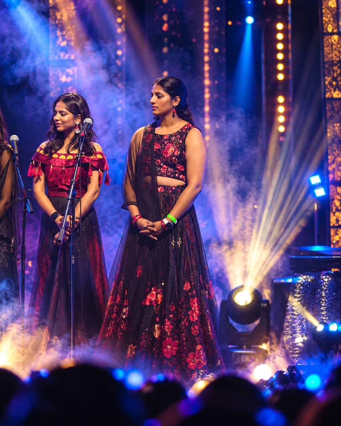 Hasitha standing at the microphone in heavy stage haze, beams of blue and gold light behind her and the audience silhouetted in front.