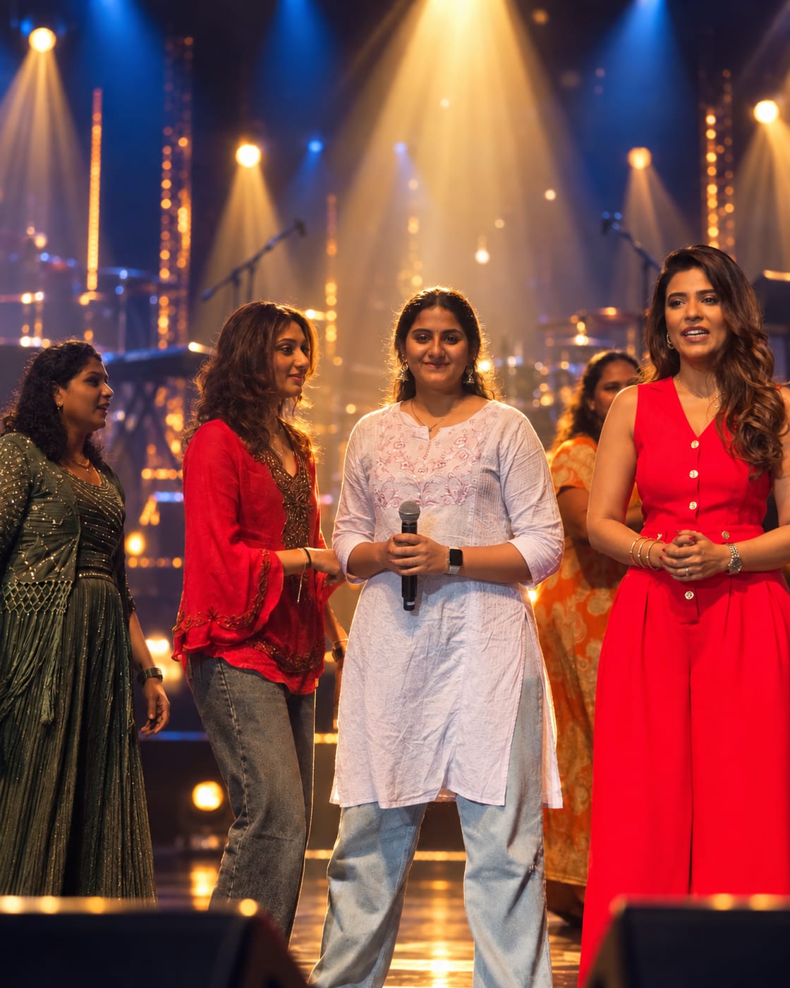 Hasitha on stage with other singers, spotlights and warm bokeh filling the hall behind them.